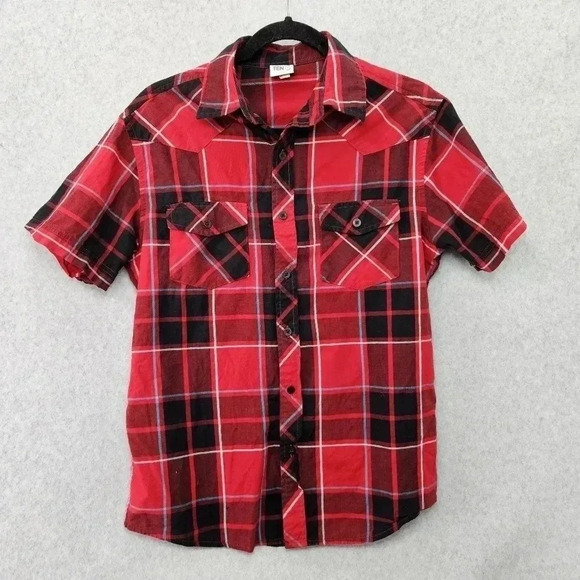 Hang Ten Short Sleeve Western Button Down Men's Small Red Black Plaid - Picture 1 of 3